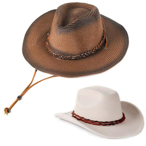 Real Deal 3mm Flat Genuine Leather Braiding String In Dark Espresso Brown Five Yards Long shown with two hats.