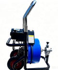Heavy Hitter Electric Drain Cleaner Machine With 100 Foot Snake Cable features blue drum and wheeled cart design for easy transport.