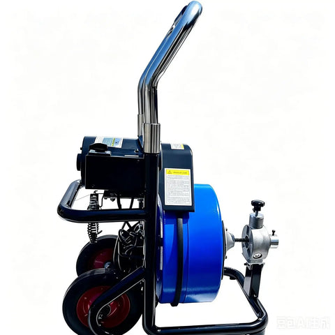 Heavy Hitter Electric Drain Cleaner Machine With 100 Foot Snake Cable features blue drum and wheeled cart design for easy transport.