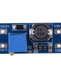 DC To DC Boost Converter Module With Adjustable Output 2V To 28V, 2 Amp High Efficiency Power Supply For Battery Projects And DIY Gadgets, Solar And Camping Gear, Tiny 36 By 17 By 14 Mm. blue PCB with VIN and VOUT pads