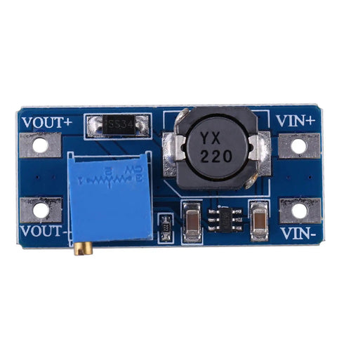 DC To DC Boost Converter Module With Adjustable Output 2V To 28V, 2 Amp High Efficiency Power Supply For Battery Projects And DIY Gadgets, Solar And Camping Gear, Tiny 36 By 17 By 14 Mm. blue PCB with VIN and VOUT pads