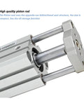 Close-up of Compact Guide Rod Air Cylinder Pneumatic Actuator with high quality piston rod and aluminum body for tight space automation.