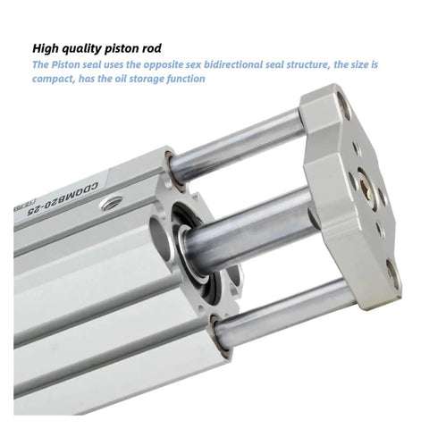 Close-up of Compact Guide Rod Air Cylinder Pneumatic Actuator with high quality piston rod and aluminum body for tight space automation.