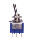 AC125V 6A SPDT On On Toggle Switch with 3 terminals, blue base, 6mm thread, latching 2 position for electronics projects