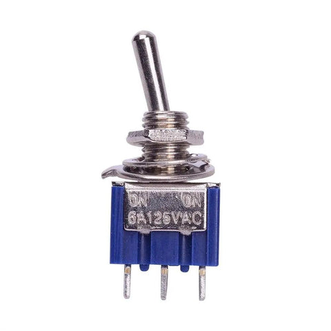 AC125V 6A SPDT On On Toggle Switch with 3 terminals, blue base, 6mm thread, latching 2 position for electronics projects