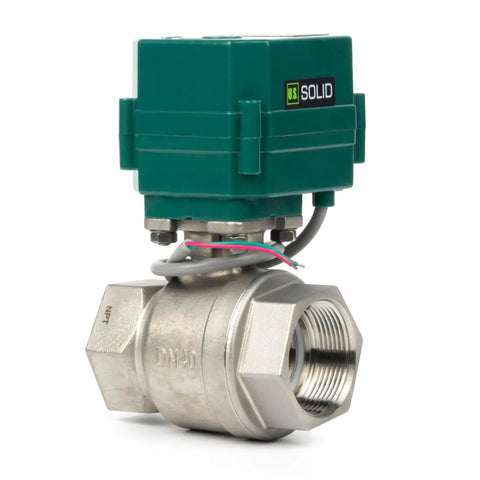 1-1/2 Inch Motorized Ball Valve With Full Port 304 Stainless Steel NSF Certified For Drinking Water Use Built To Last Workhorse 9-24V AC DC 2 Wire Auto Return Normally Closed side view