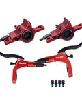 Upgrade Your Ride With This Premium Full Aluminum Alloy Hydraulic Disc Brake Kit Featuring Front And Rear Calipers Plus Brake Levers Easy Tool Free Pad Swap Universal Fit Smooth Stopping Power For Gnarly Trails. Red aluminum calipers and levers, 500g set for mountain bikes.