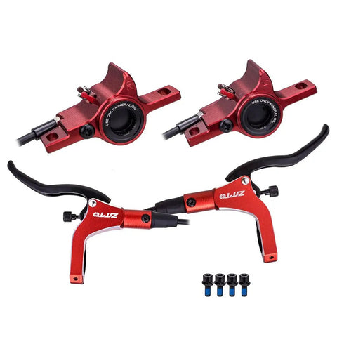 Upgrade Your Ride With This Premium Full Aluminum Alloy Hydraulic Disc Brake Kit Featuring Front And Rear Calipers Plus Brake Levers Easy Tool Free Pad Swap Universal Fit Smooth Stopping Power For Gnarly Trails. Red aluminum calipers and levers, 500g set for mountain bikes.