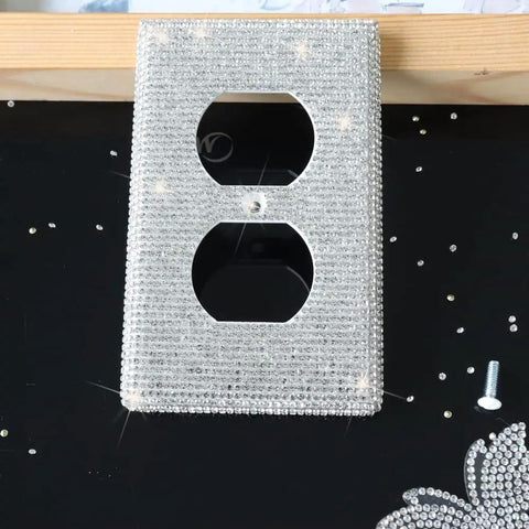 Shiny Rhinestones Wall Plates Bling Light Switch Covers Four Piece White Outlet Covers Decorative Wall Plate Wall Socket Cover For Home Decor Easy To Install Durable Plastic Faux Crystal Sparkle