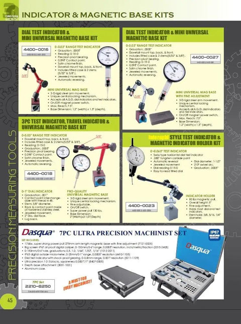 Workhorse 1 Inch Dial Indicator With Magnetic Back Set For Precision Measurement, 2 Inch Dial Face, Interchangeable Stainless Steel 4-48 Thread Contact Point, Durable And Accurate Metrology Tool For Machining And Inspection displayed in a catalog of indicator and magnetic base kits.