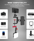 Built Like A Tank Aluminum Desk Camera Mount With Wide C Clamp Heavy Duty Table Rig For Dslr Video Cameras And Studio Lights, shown gripping a desk.