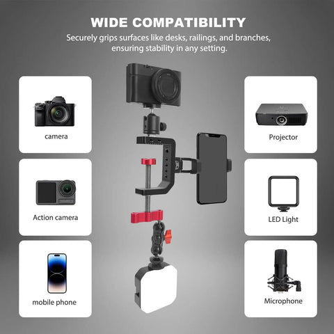 Built Like A Tank Aluminum Desk Camera Mount With Wide C Clamp Heavy Duty Table Rig For Dslr Video Cameras And Studio Lights, shown gripping a desk.