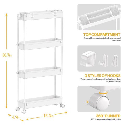 Diagram of Slim 4 Tier Storage Cart With Rolling Wheels And Narrow Profile For Tight Gaps Between Furniture And Appliances 38.7 Inches Tall