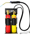 Front view of Oxypropane Welding Gas Cutting Torch Kit With Flint Lighter And Cylinder Holder Rack For Jewelers And HVAC Pros Pro Grade Brazing Soldering Map Gas Torch Set Heavy Duty Brass Fittings