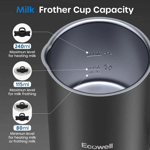 Close-up of 4 In 1 Automatic Milk Frother And Steamer For Coffee Lovers Hot Chocolate Maker showing 240 ml capacity marks