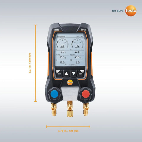 AC Manifold Gauge Gear For HVAC With Bluetooth, Pro Grade Recharge Kit, And 2 Wired Temperature Probes, Superheat And Subcooling Readouts For Air Conditioning, Refrigeration, And Heat Pumps. Front view, 8.27 in x 4.76 in.