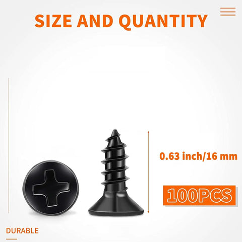 One Hundred Pack Of Number Six By Five Eighth Inch Stainless Steel Wood Screws Premium Grade Black Oxide Coating Flat Head Phillips Drive Full Threaded Build showcasing size 0.63 inch.