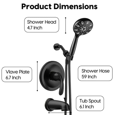 Product dimensions of Sleek Matte Black Shower Faucet Set With Tub Spout And Valve, Includes Black Shower Head, Handle, And 6-Setting 4.7 Inch Handheld For Easy Bath Remodel