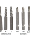 Bolt extractors and driver bits from Mini Impact Driver Set With One Quarter Inch Drive For Tight Spaces, Durable And Compact Automotive Tool For DIY Projects And Home Improvement, Highly Versatile Fastener Buster For Hard To Reach Bolts.