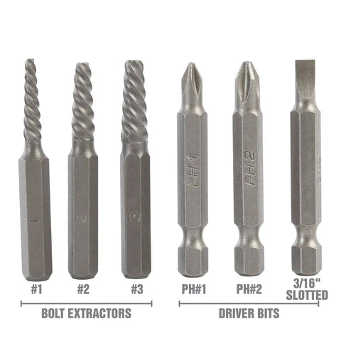 Bolt extractors and driver bits from Mini Impact Driver Set With One Quarter Inch Drive For Tight Spaces, Durable And Compact Automotive Tool For DIY Projects And Home Improvement, Highly Versatile Fastener Buster For Hard To Reach Bolts.
