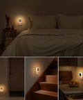 Eight-pack Sujeet plug-in night lights with warm white LED; wall outlet mounted, shown in bedroom, hallway, kitchen.