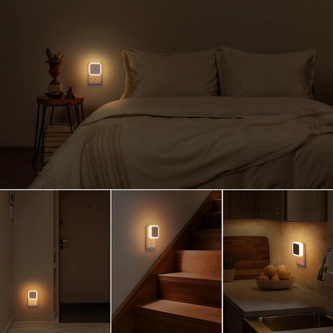 Eight-pack Sujeet plug-in night lights with warm white LED; wall outlet mounted, shown in bedroom, hallway, kitchen.