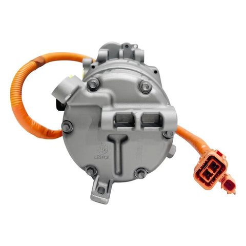 Top Shelf Remanufactured Electric AC Compressor For Chevy Bolt EV 2017 Through 2021 OEM Fit HVAC Replacement With Rock Solid Build Quality And Crisp Climate Control Using Part E601, showing connector and orange wiring.