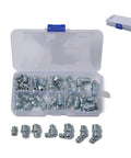 Must-Have Hydraulic Grease Fitting Assortment Kit, 50 Pieces, Sizes One Quarter Inch And One Eighth Inch, Electroplated Blue Zinc Finish in box