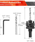 JTemgle hole saw arbor with 1/2 in hex shank and five center drill bits; front view with L-shaped hex key