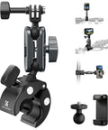 Super Clamp Camera Mount With 360 Degree Dual Ball Head for Bike and Motorcycle Handlebars, shown with phone and camera attachments.