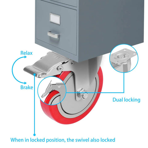 PRITEK 5-inch plate caster wheels, set of 4, red polyurethane wheels with dual-locking brakes