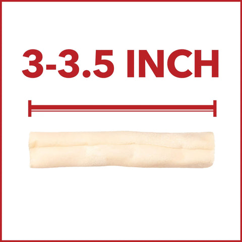 Close-up of American Beefhide Mini Rolls Dog Chew Treats 3 To 3.5 Inches Natural Flavor Long Lasting Rawhide Chews, size indicator.