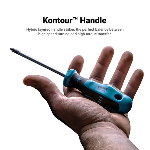Person holding Kontour Screwdriver Set 8-Piece With Mechanics Tray, ergonomic handle, chrome molybdenum steel, in hand