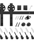 Heavy Duty Sliding Barn Door Hardware Kit With Reinforced Steel Rollers And Silent Tracks, includes matte black pulleys and fittings.