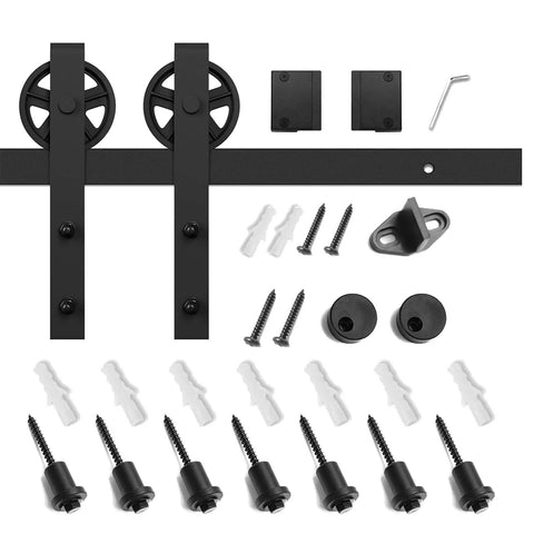 Heavy Duty Sliding Barn Door Hardware Kit With Reinforced Steel Rollers And Silent Tracks, includes matte black pulleys and fittings.