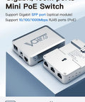 Industrial PoE Gigabit Ethernet Switch With Five Ports, Plug And Play, rugged design, shown in sleek metal case with SFP and PoE ports.
