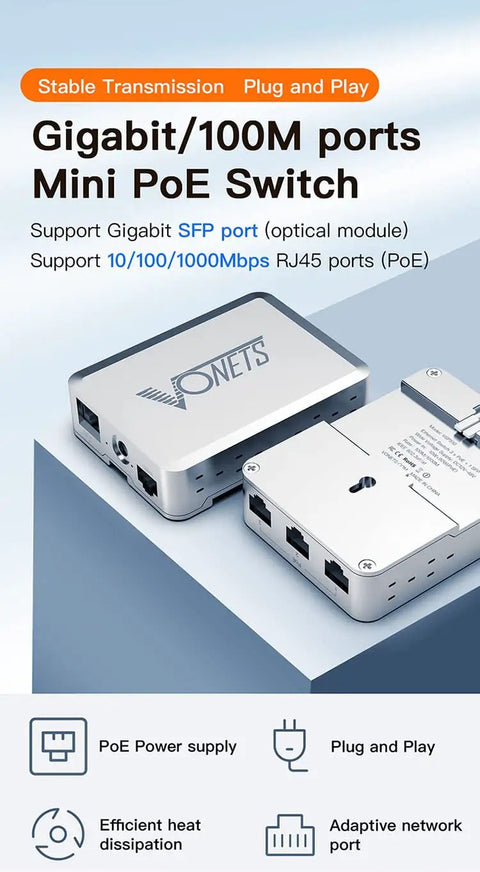 Industrial PoE Gigabit Ethernet Switch With Five Ports, Plug And Play, rugged design, shown in sleek metal case with SFP and PoE ports.