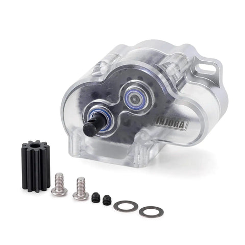 Low CG 1 By 10 RC Crawler Transmission Gearbox With Clear Cover Upgrade For SCX10 SCX10 II with aluminum and plastic parts, close-up view