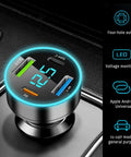Straight Up Fast Four Port Car Charger Featuring Digital Voltmeter Pd Qc3.0 Usb C Cigarette Lighter Plug Zero Fuss Setup For Iphone Samsung And Android Riders showing four-port output with LED indicator.