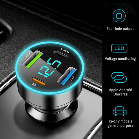 Straight Up Fast Four Port Car Charger Featuring Digital Voltmeter Pd Qc3.0 Usb C Cigarette Lighter Plug Zero Fuss Setup For Iphone Samsung And Android Riders showing four-port output with LED indicator.