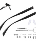 Kick Your Broken Frames Back To Life With This Heavy Duty TR90 Eyeglass Temple Replacement Kit includes black plastic arms and tools.