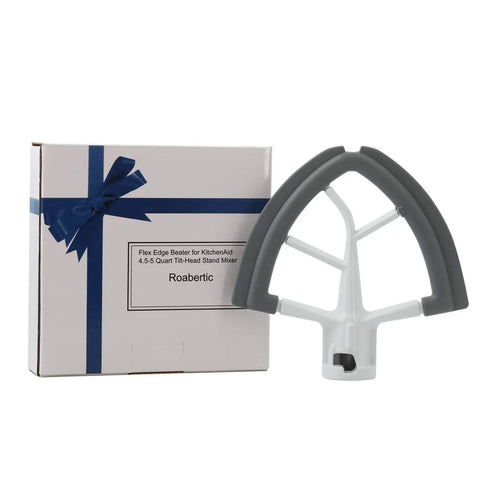 Flex Edge Beater Attachment for Tilt Head Mixers, 4.5-5 Quart Nonstick Metal Paddle With Scraper shown beside packaging