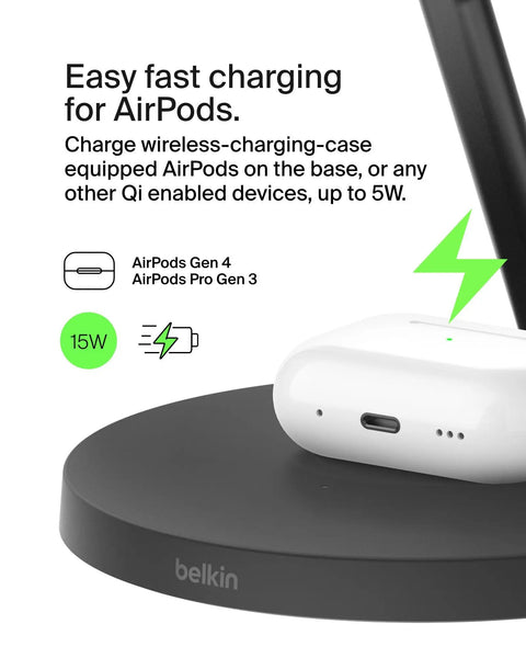 MagSafe Compatible 3 In 1 Wireless Charging Station with AirPods charging showing 15W fast charge on sleek black dock.