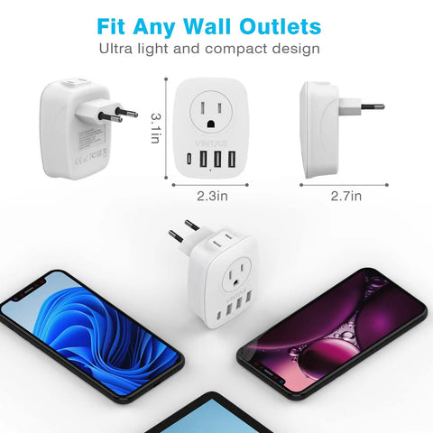 Go-To 6 In 1 Europe Travel Plug Adapter With 2 US Outlets, 3 USB Ports And USB-C beside smartphones