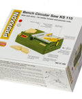 Packaging of KS 115 Bench Circular Saw for tiny pieces and precise straight cuts, showing product features and specifications.