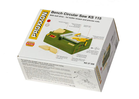 Packaging of KS 115 Bench Circular Saw for tiny pieces and precise straight cuts, showing product features and specifications.