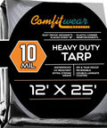 Heavy Duty 12 By 25 Foot Silver And Black Waterproof UV Blocking 10 Mil Poly Tarp packaging with size and features displayed