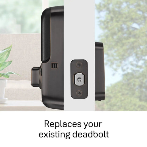 Side view of Assure SL Keyless Entry Deadbolt Lock With Z Wave For Smart Home, Oil Rubbed Bronze Finish, installed on door