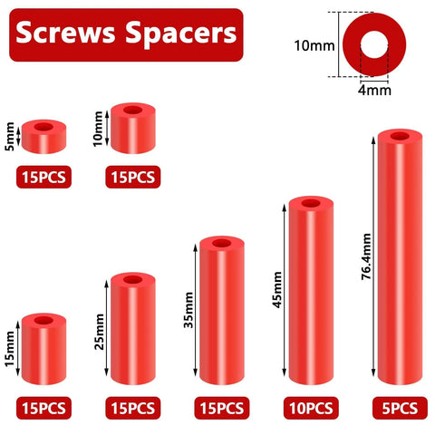 Diagram of red spacers in various sizes from the 175 Piece Red Electrical Outlet Spacers Kit With 85 Six Thirty Two Cup Head Mounting Screws And 90 Nonthreaded Spacers For Electrical Boxes Switches And Receptacles Insulated Flame Resistant Oil Resistant Durable DIY Friendly Upgrade