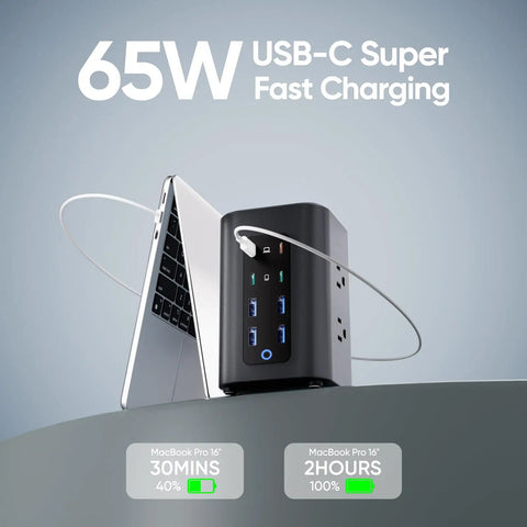 Sick Desk Organization Hack That Slaps With 230W Fast Charging Tower Featuring Eight Smart USB Ports For Laptops Phones And Tablets Vertical Power Strip with USB-C charging.